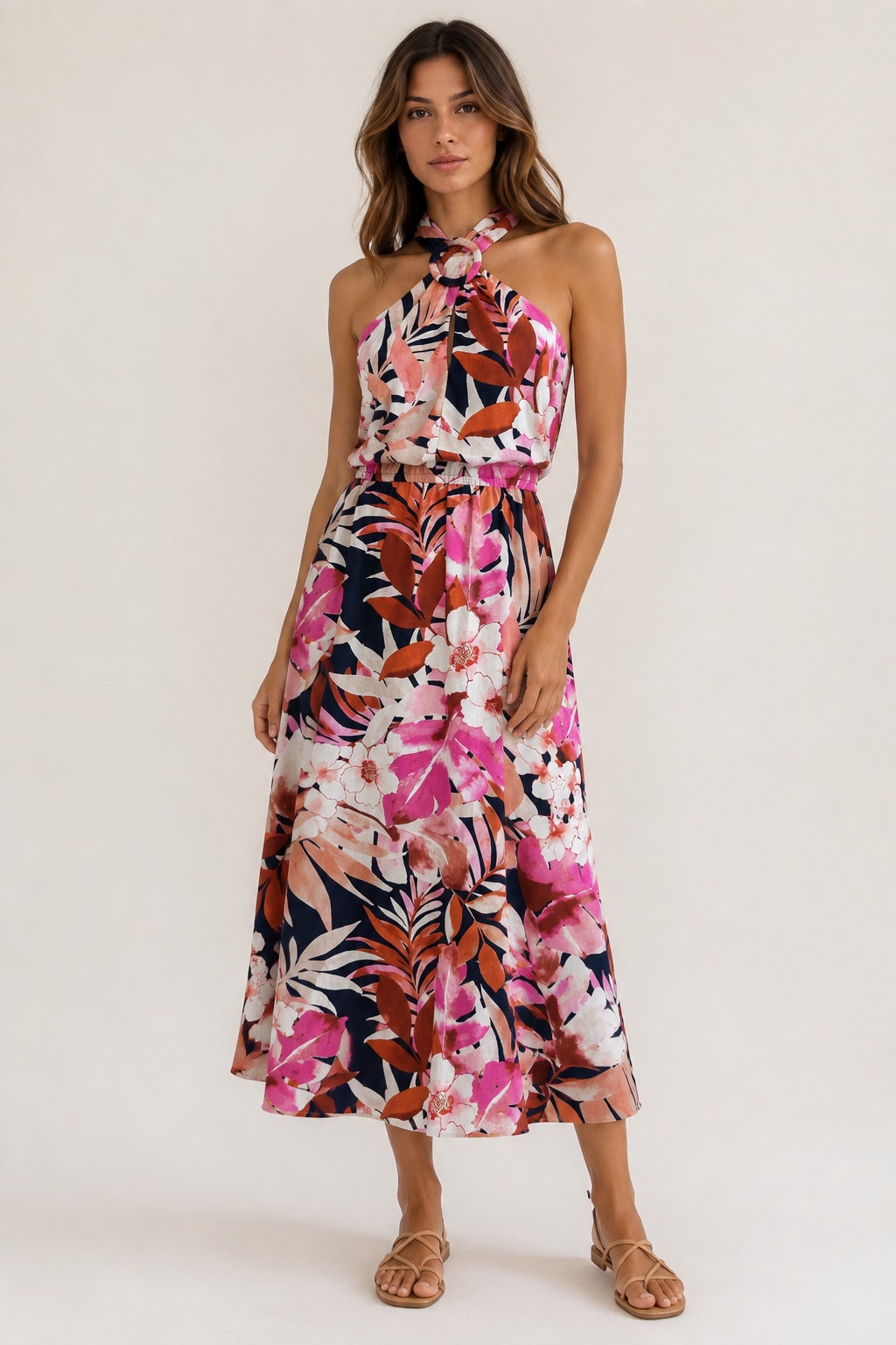 Maggy London Navy Pink Floral Halter Linen Blend Midi Dress Ring Detail Us 10